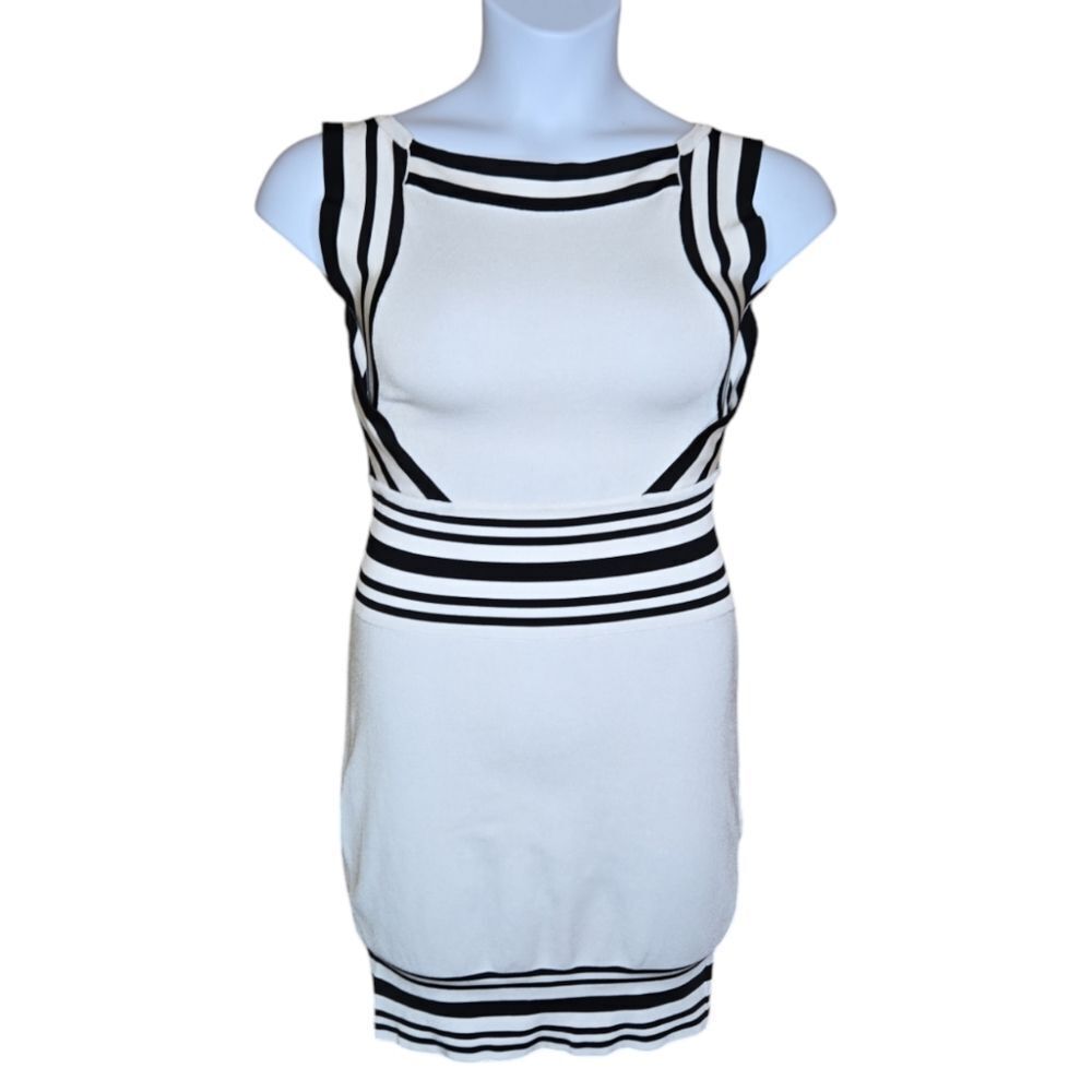 BALMAIN white square neck stripe trim knit minimalist mini dress 38/6